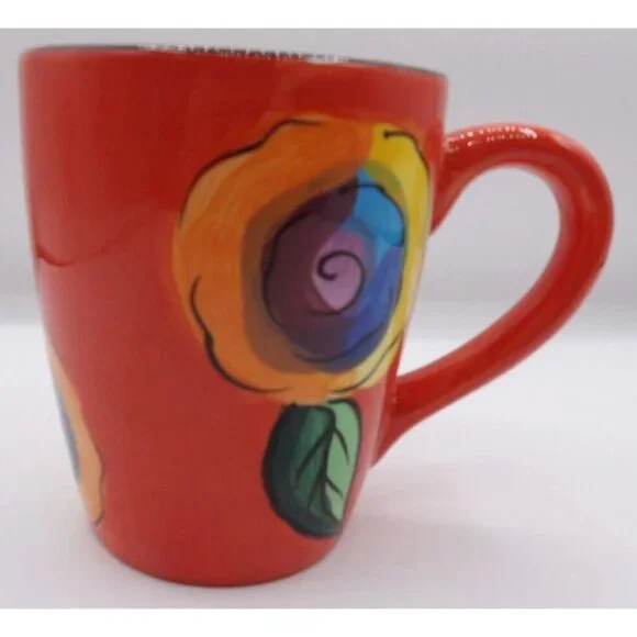 Coffee Mug- Blue Ridge Design Inc.- Orange with Stylized Flowers - Picture 2 of 4